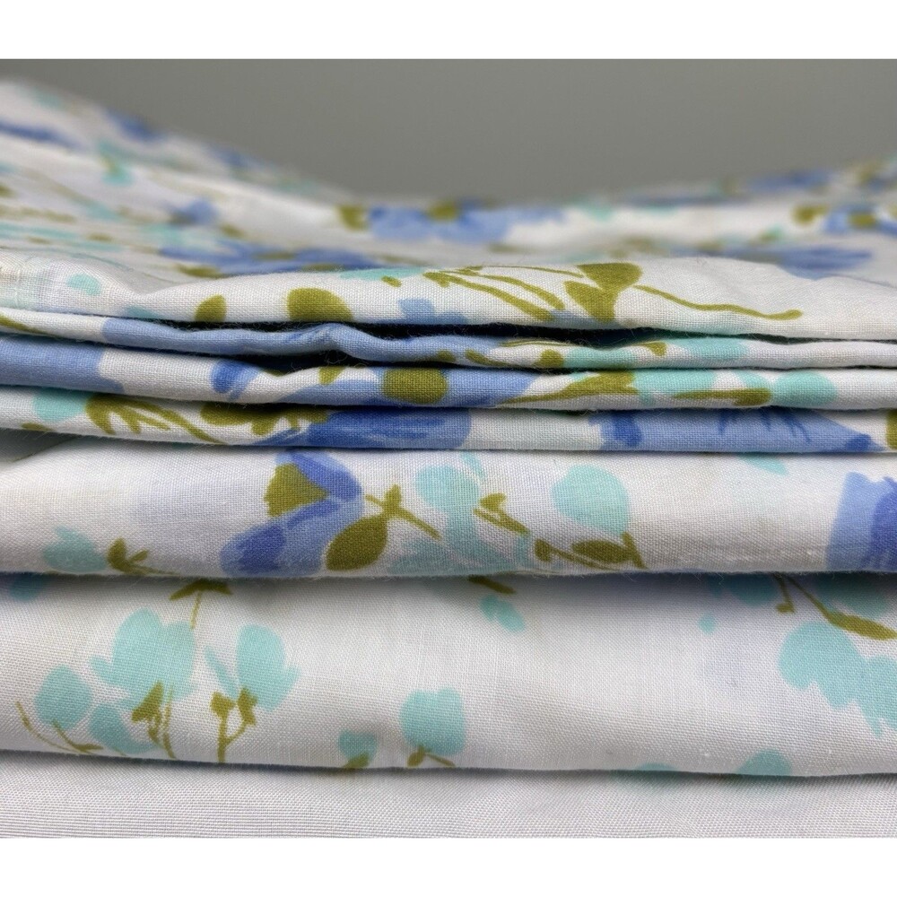 VTG Sears Perma Prest COMPLETE Blue FULL/DOUBLE Flat+Fitted+2 Pillowcase Set